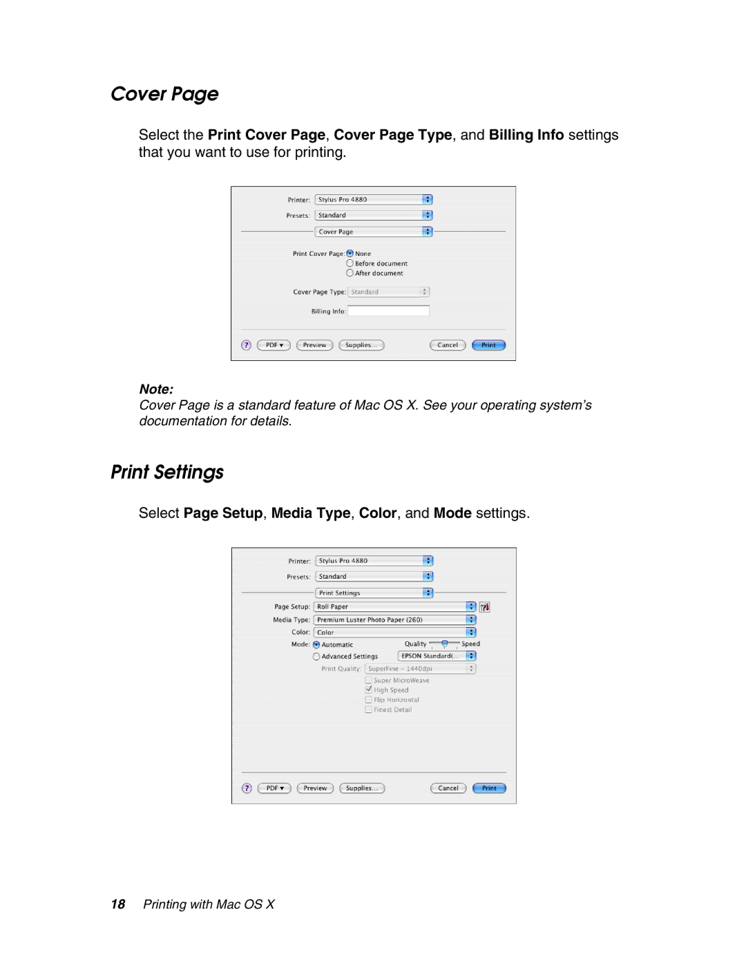 Epson 4880 manual Cover, Print Settings 