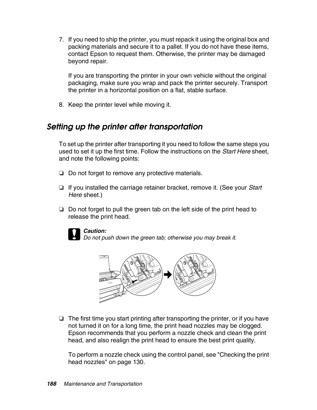 Epson 4880 manual Setting up the printer after transportation 