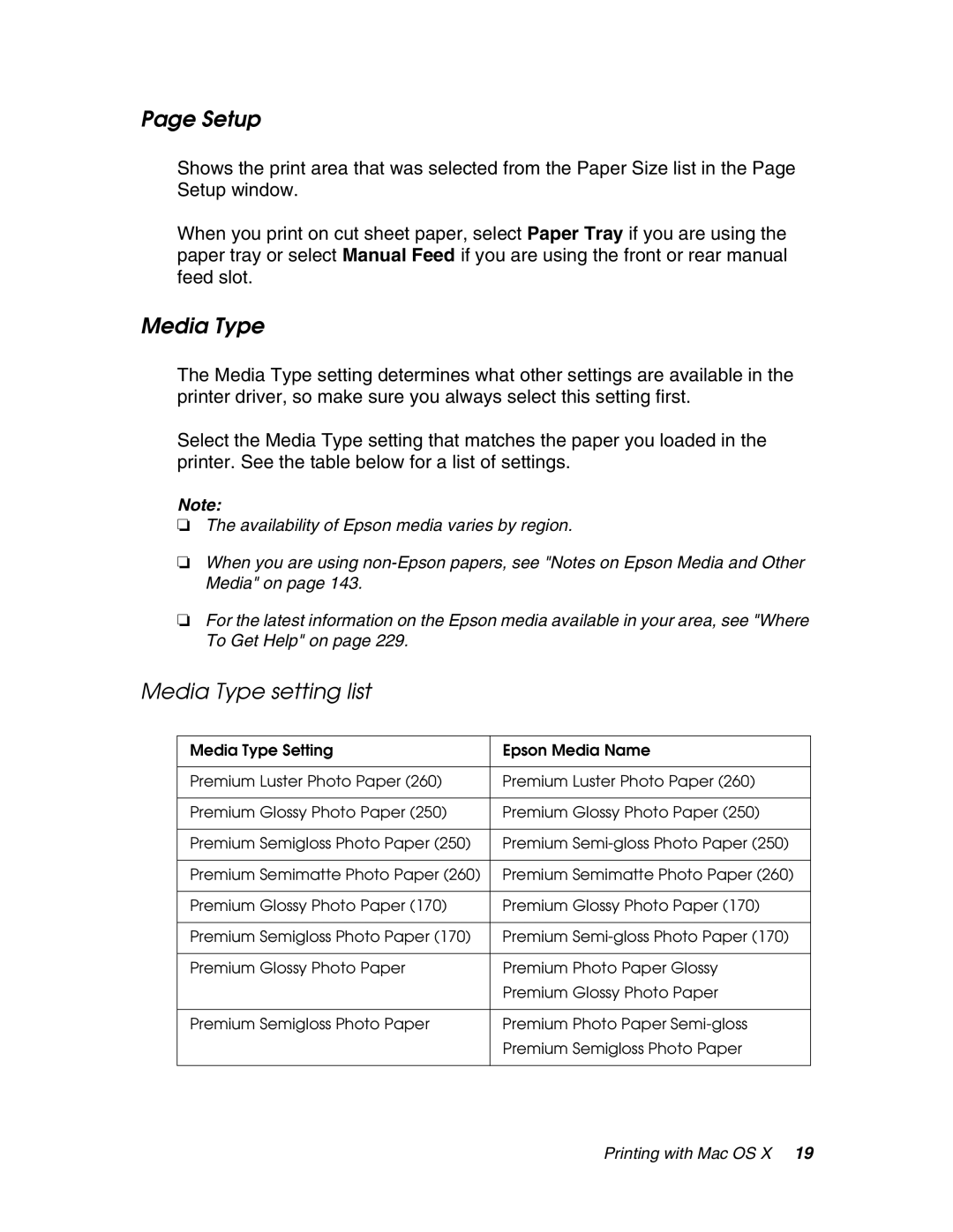 Epson 4880 manual Setup, Media Type setting list 