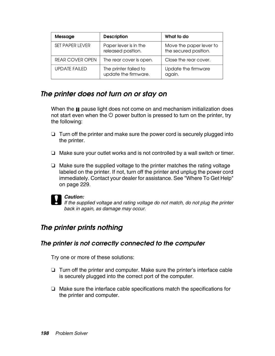 Epson 4880 Printer does not turn on or stay on, Printer prints nothing, Printer is not correctly connected to the computer 