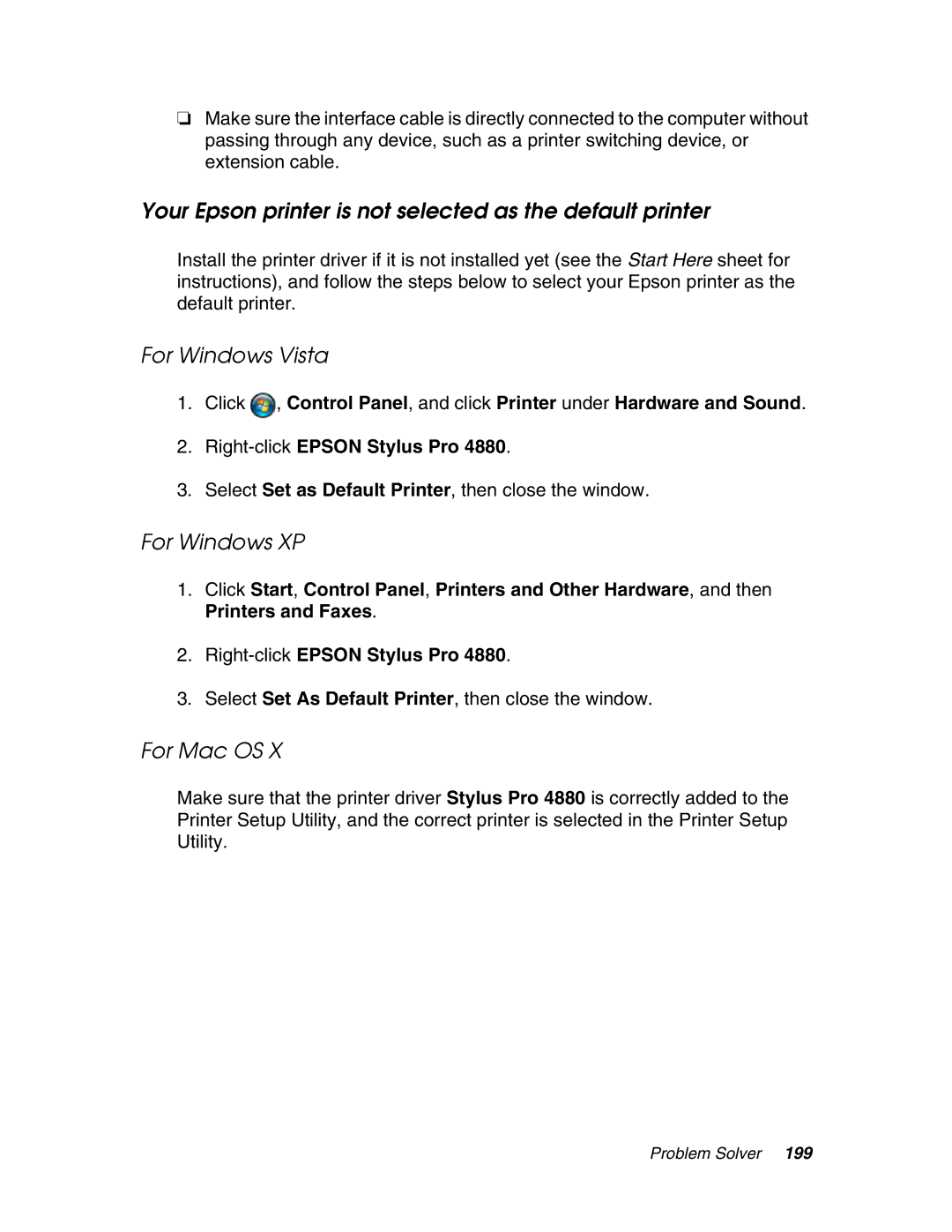 Epson 4880 manual Your Epson printer is not selected as the default printer, For Windows Vista, For Windows XP 