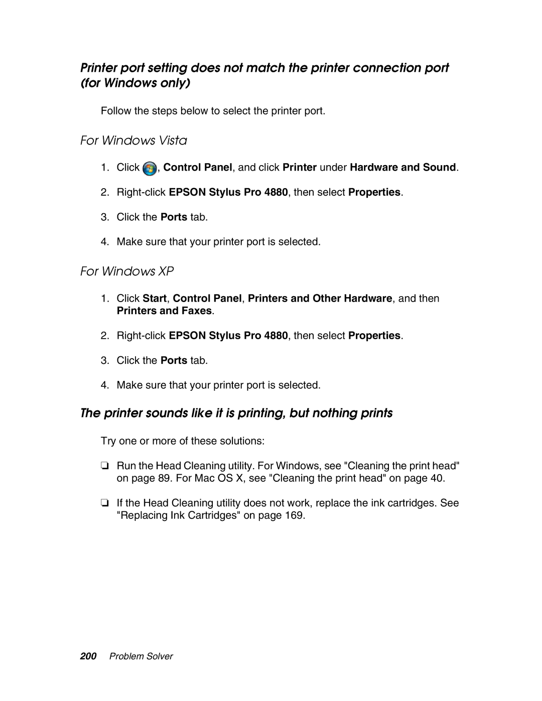 Epson 4880 manual Printer sounds like it is printing, but nothing prints, Follow the steps below to select the printer port 