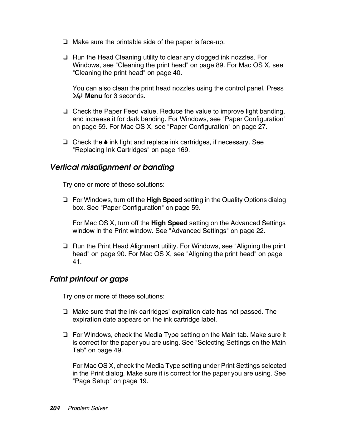 Epson 4880 manual Vertical misalignment or banding, Faint printout or gaps 