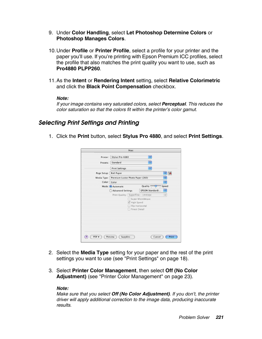 Epson 4880 manual Selecting Print Settings and Printing 