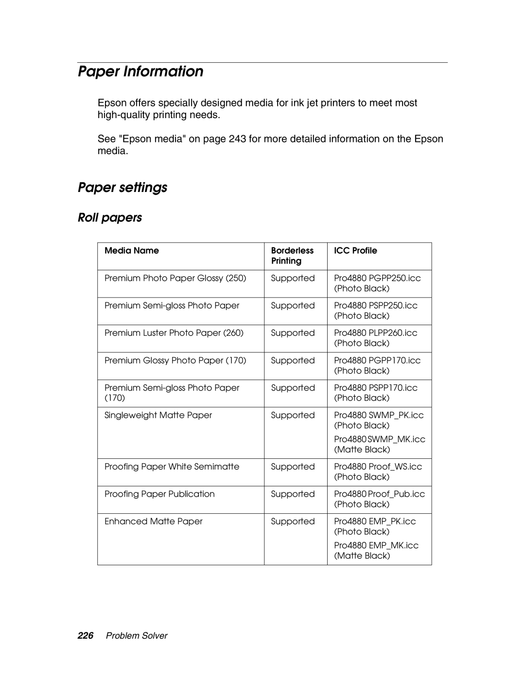 Epson 4880 manual Paper Information, Paper settings, Roll papers 