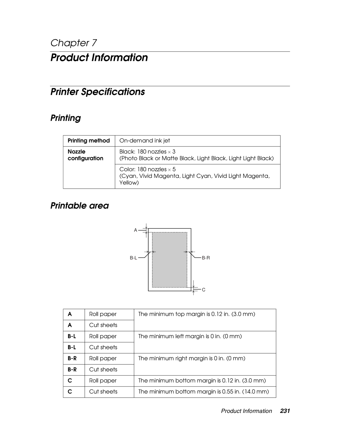 Epson 4880 manual Printer Specifications, Printing, Printable area 