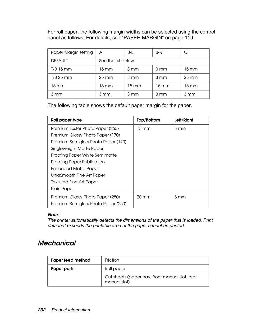 Epson 4880 manual Mechanical, Following table shows the default paper margin for the paper 