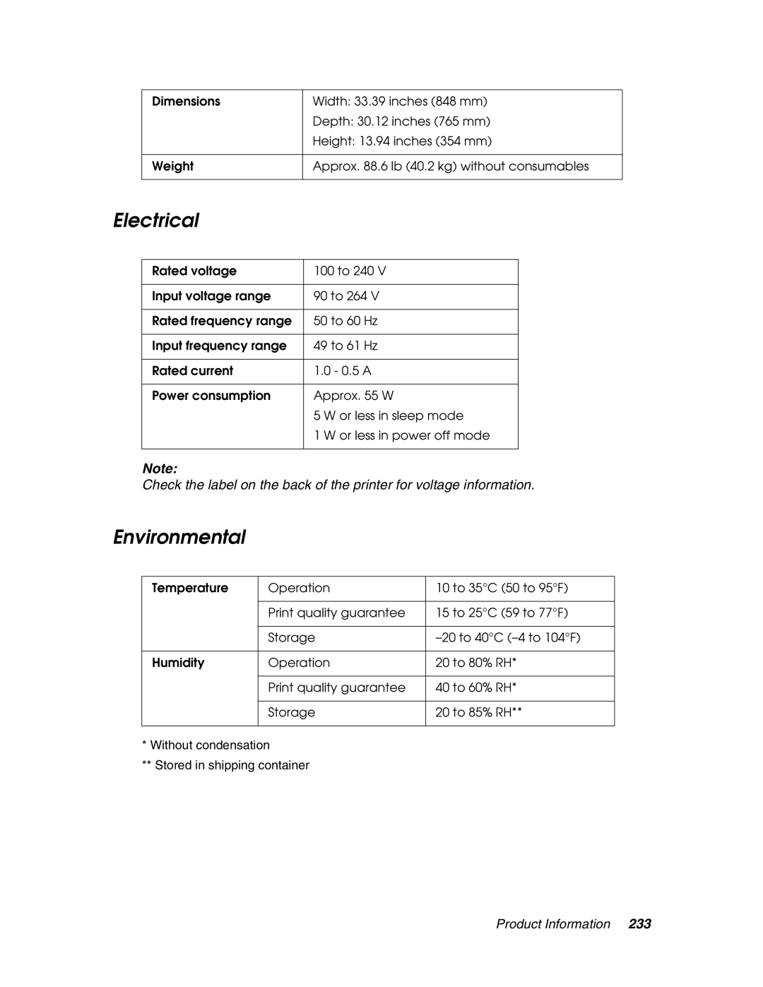 Epson 4880 manual Electrical, Environmental 