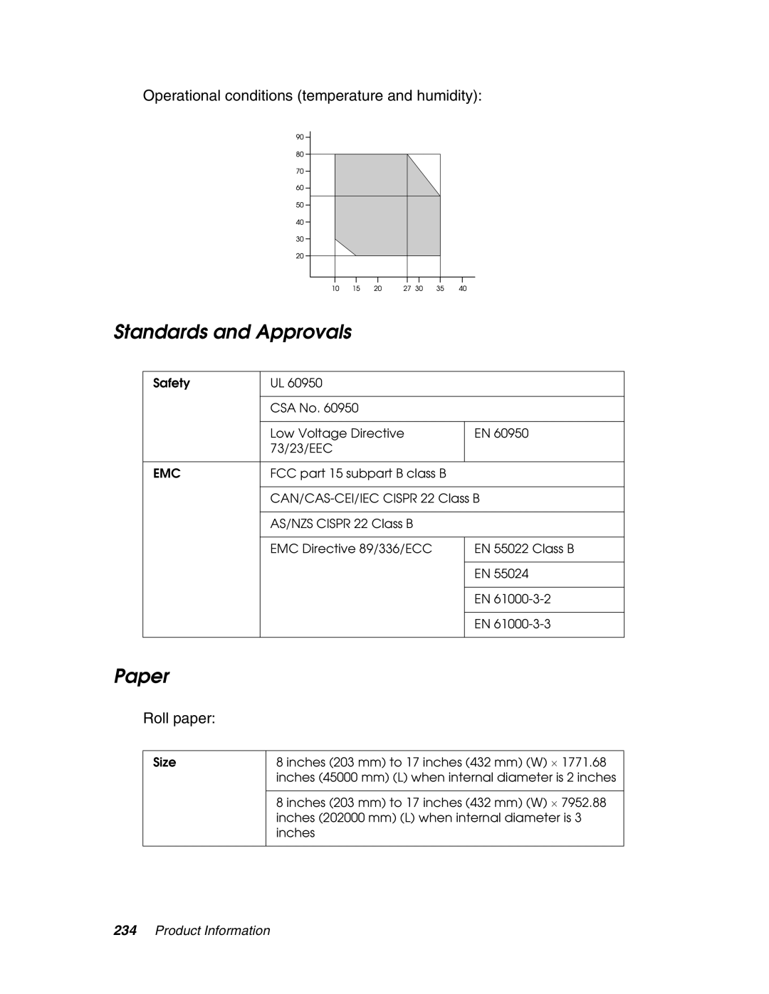 Epson 4880 manual Standards and Approvals, Paper, Operational conditions temperature and humidity, Roll paper 