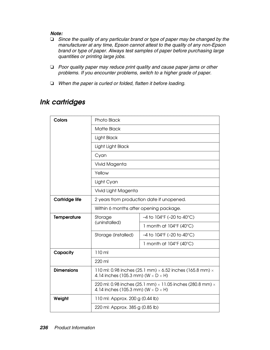 Epson 4880 manual Ink cartridges 