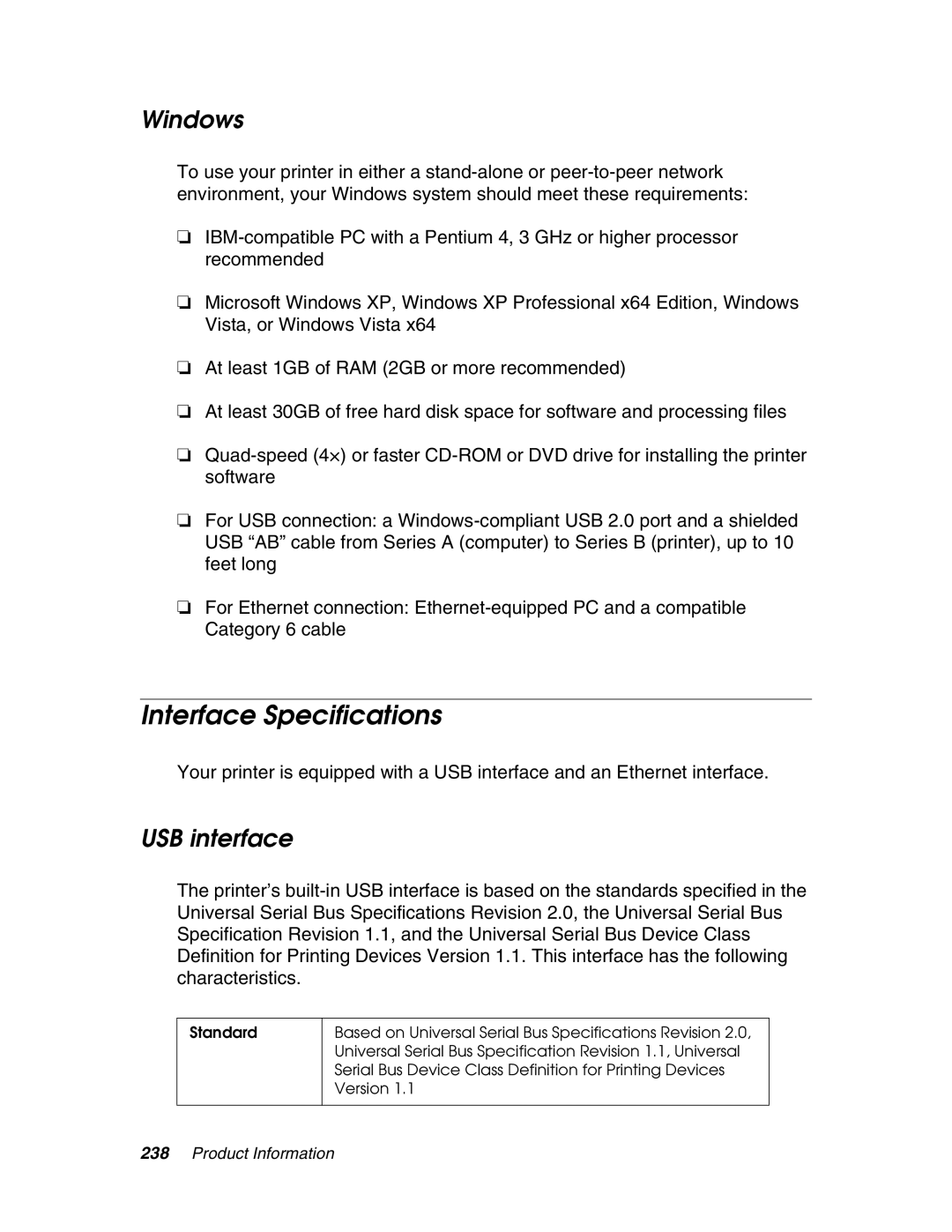 Epson 4880 manual Interface Specifications, Windows, USB interface 