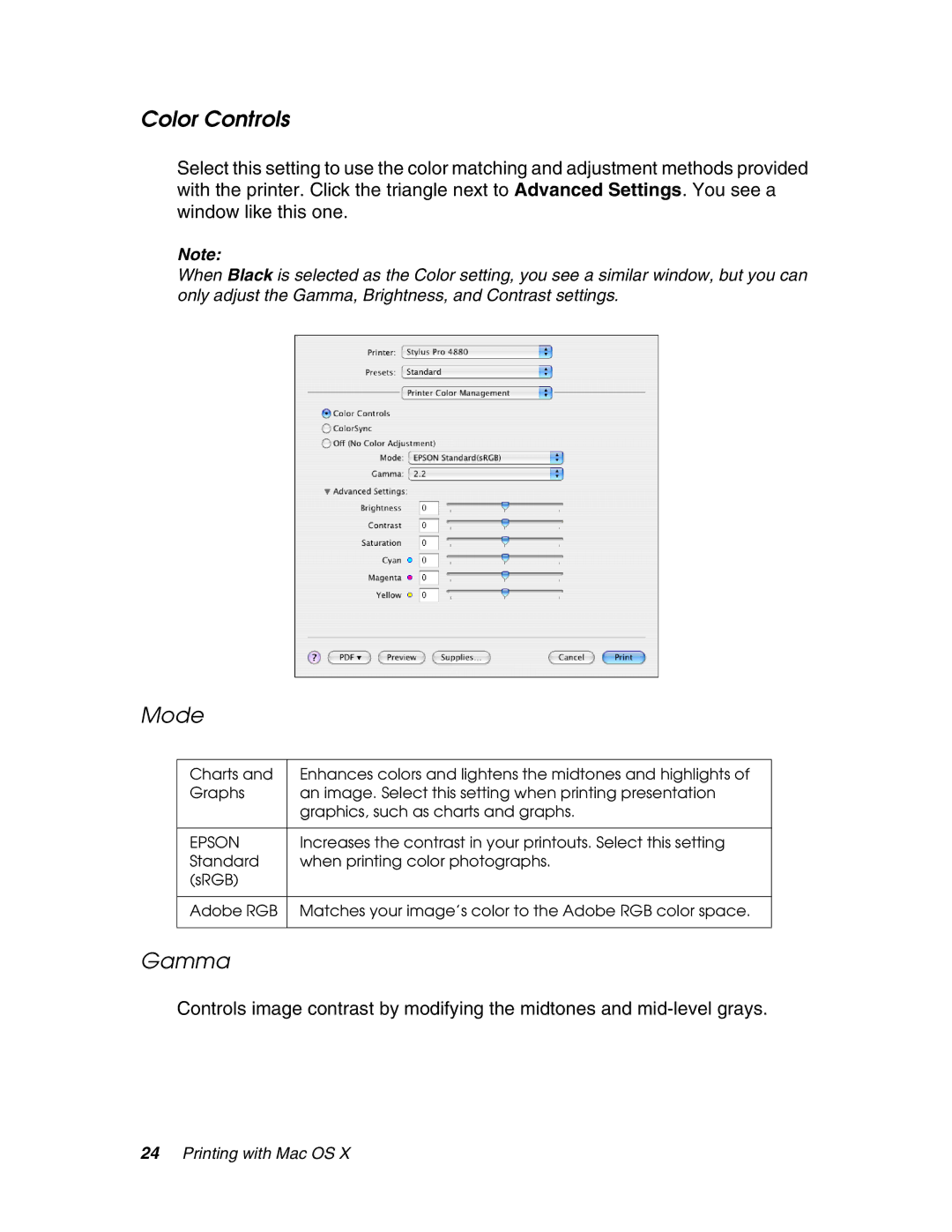 Epson 4880 manual Color Controls, Gamma 