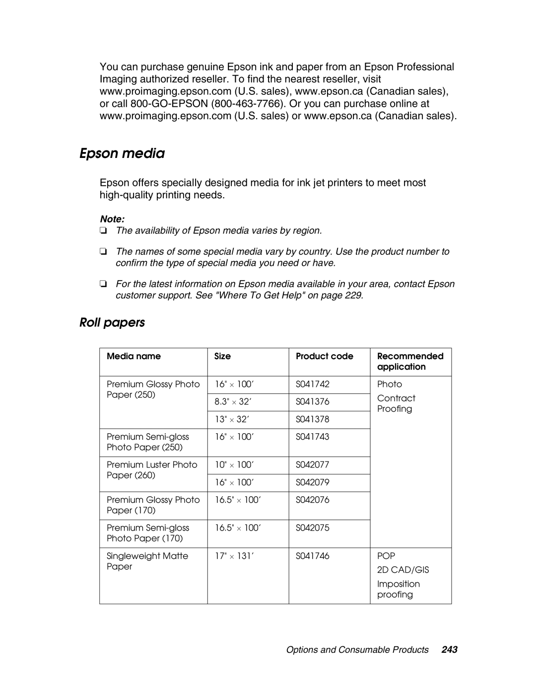 Epson 4880 manual Epson media, Roll papers 