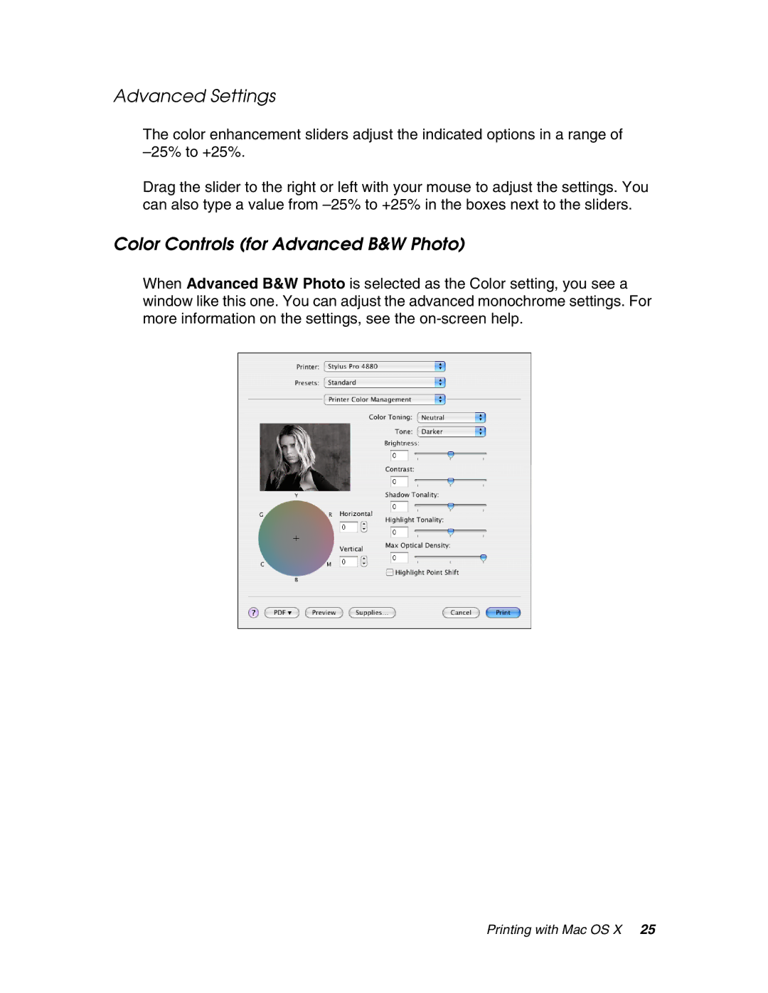 Epson 4880 manual Advanced Settings, Color Controls for Advanced B&W Photo 