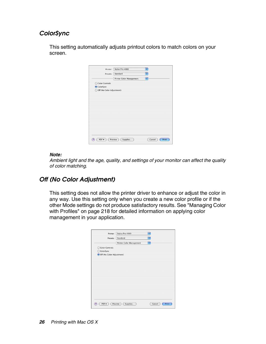Epson 4880 manual ColorSync, Off No Color Adjustment 