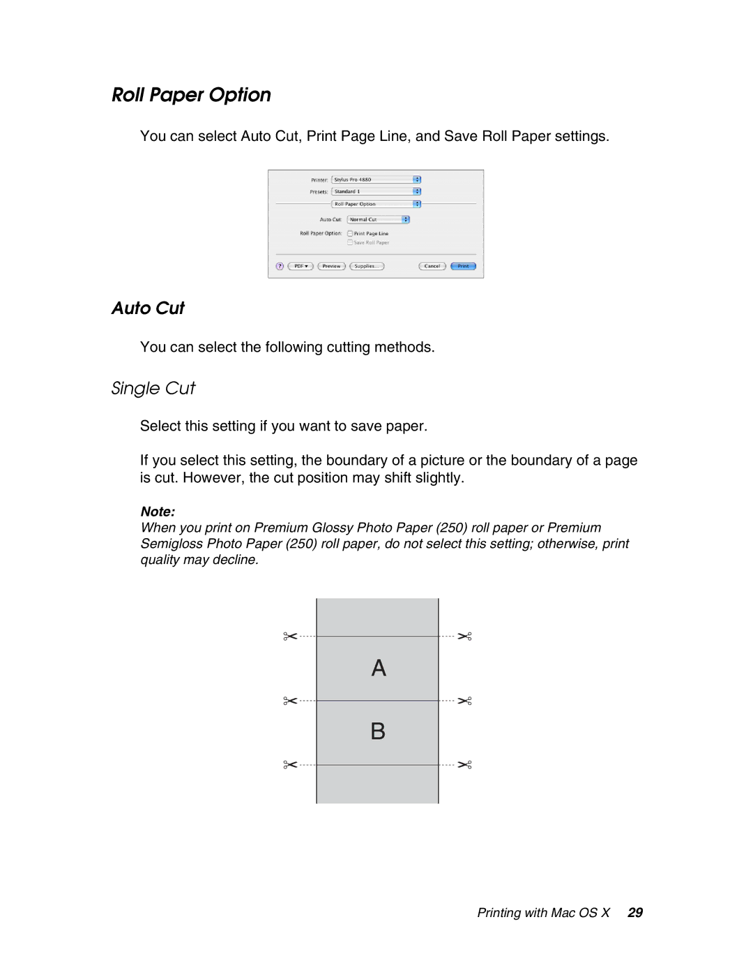 Epson 4880 manual Roll Paper Option, Auto Cut, Single Cut, You can select the following cutting methods 