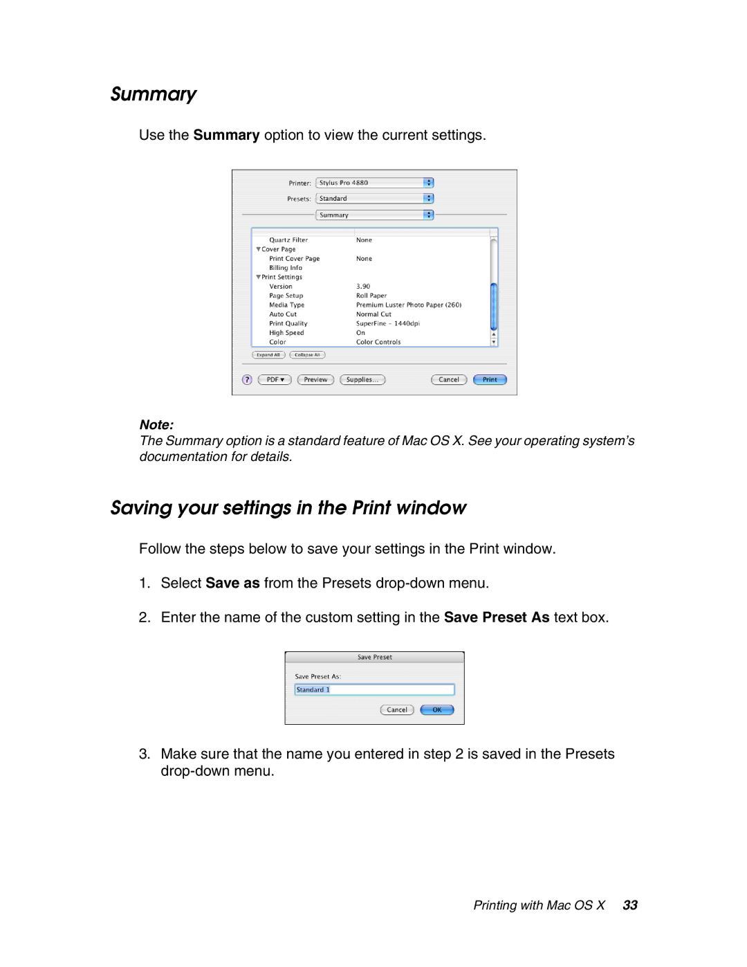 Epson 4880 manual Saving your settings in the Print window, Use the Summary option to view the current settings 