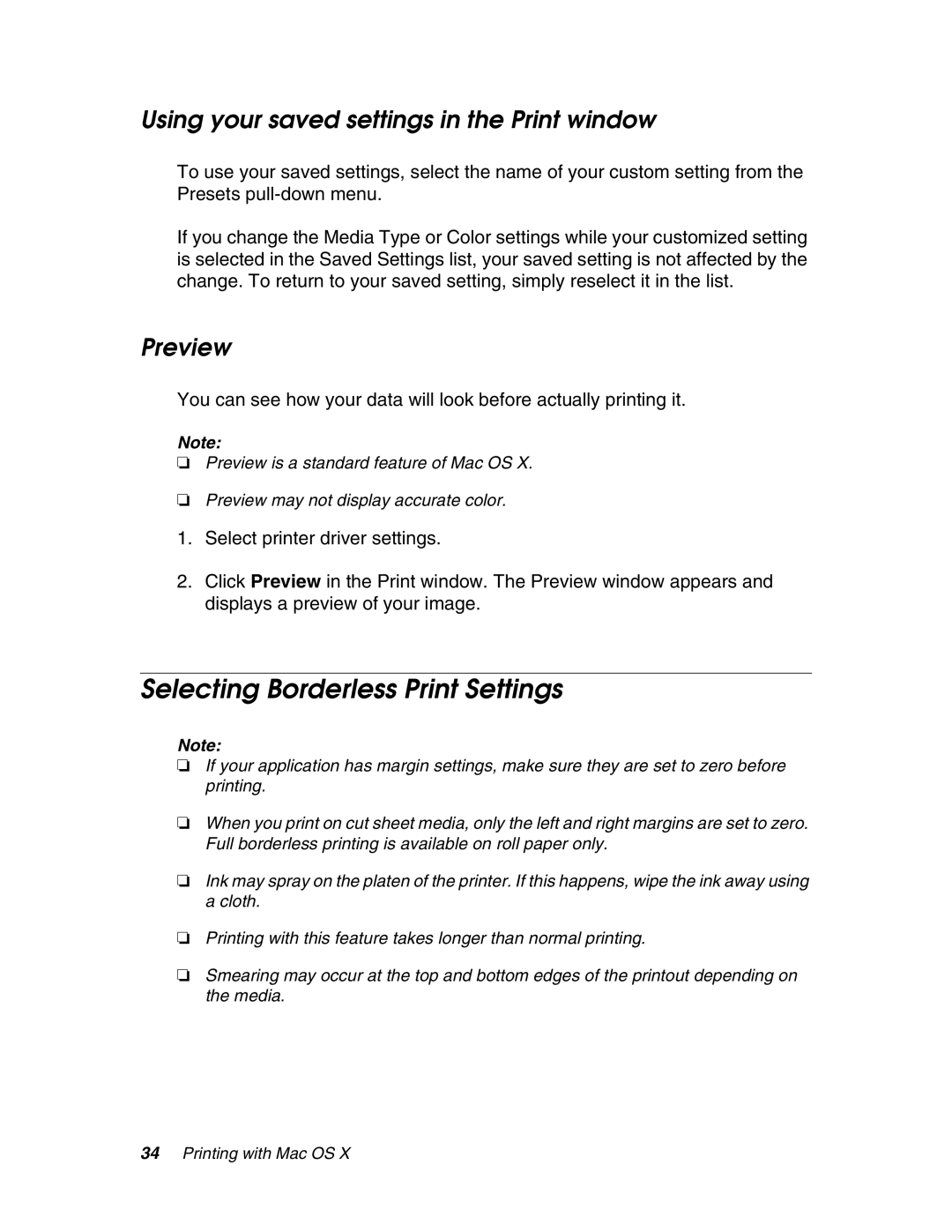 Epson 4880 manual Selecting Borderless Print Settings, Using your saved settings in the Print window, Preview 