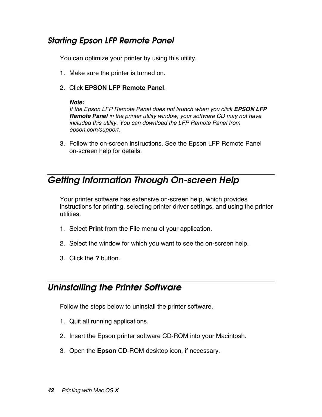 Epson 4880 Getting Information Through On-screen Help, Uninstalling the Printer Software, Starting Epson LFP Remote Panel 