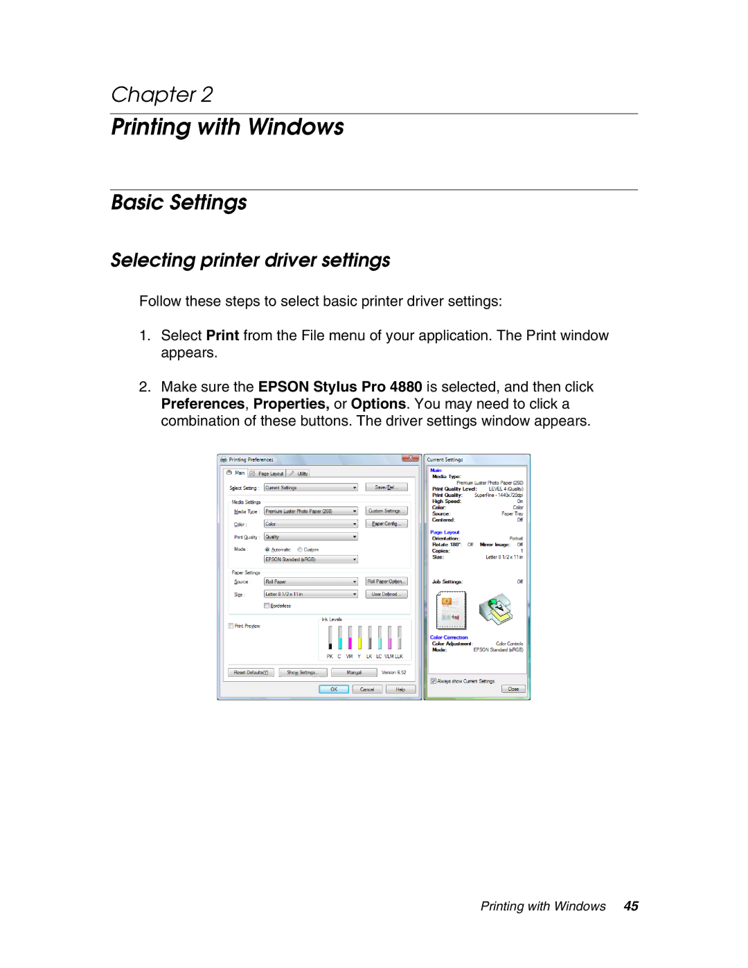 Epson 4880 manual Basic Settings, Selecting printer driver settings 