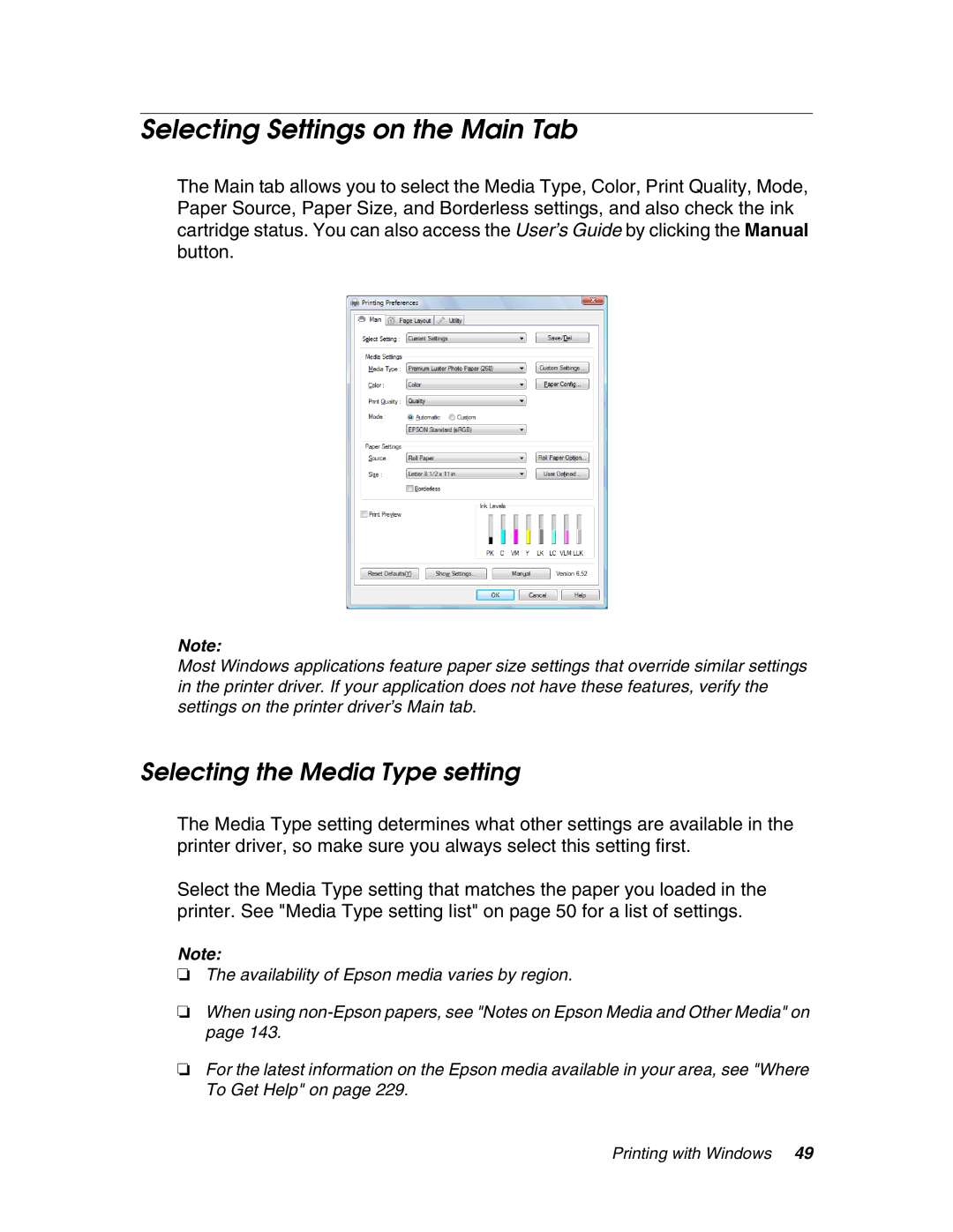 Epson 4880 manual Selecting Settings on the Main Tab, Selecting the Media Type setting 