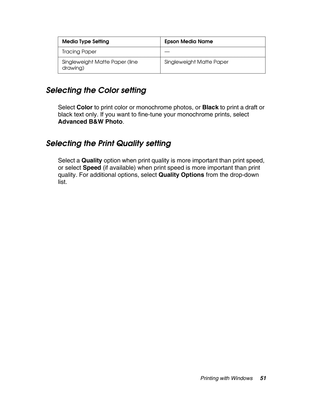 Epson 4880 manual Selecting the Color setting, Selecting the Print Quality setting 