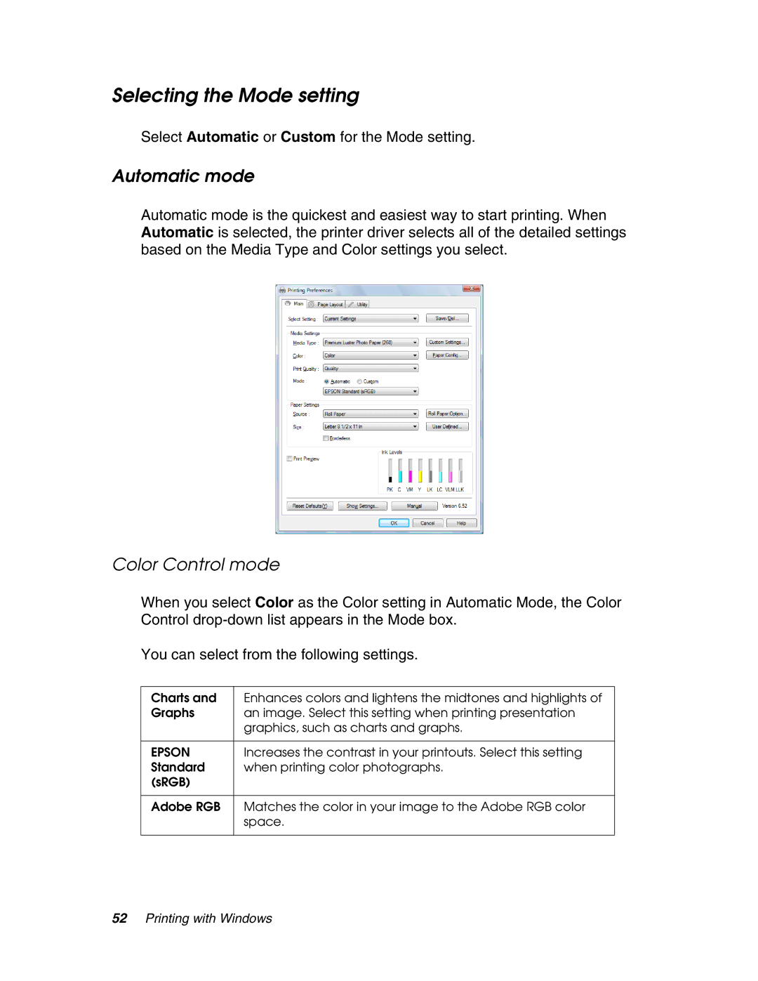 Epson 4880 Selecting the Mode setting, Automatic mode, Color Control mode, Select Automatic or Custom for the Mode setting 