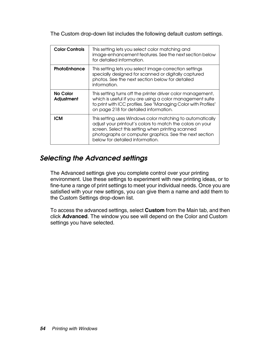 Epson 4880 manual Selecting the Advanced settings, Icm 