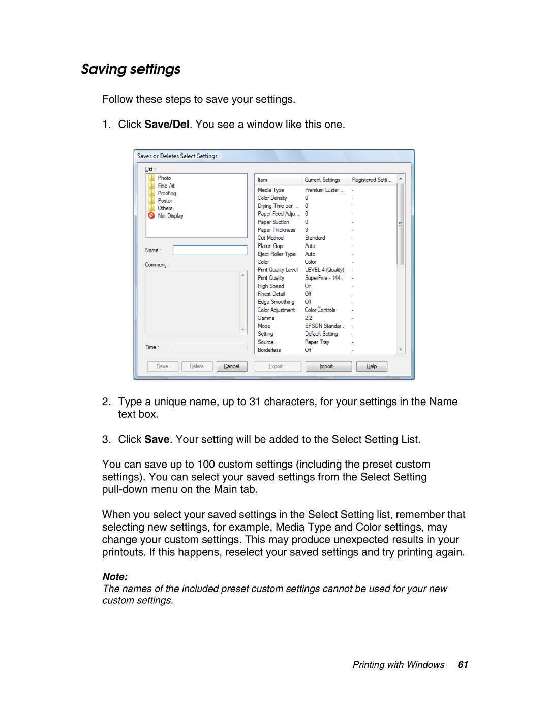 Epson 4880 manual Saving settings 