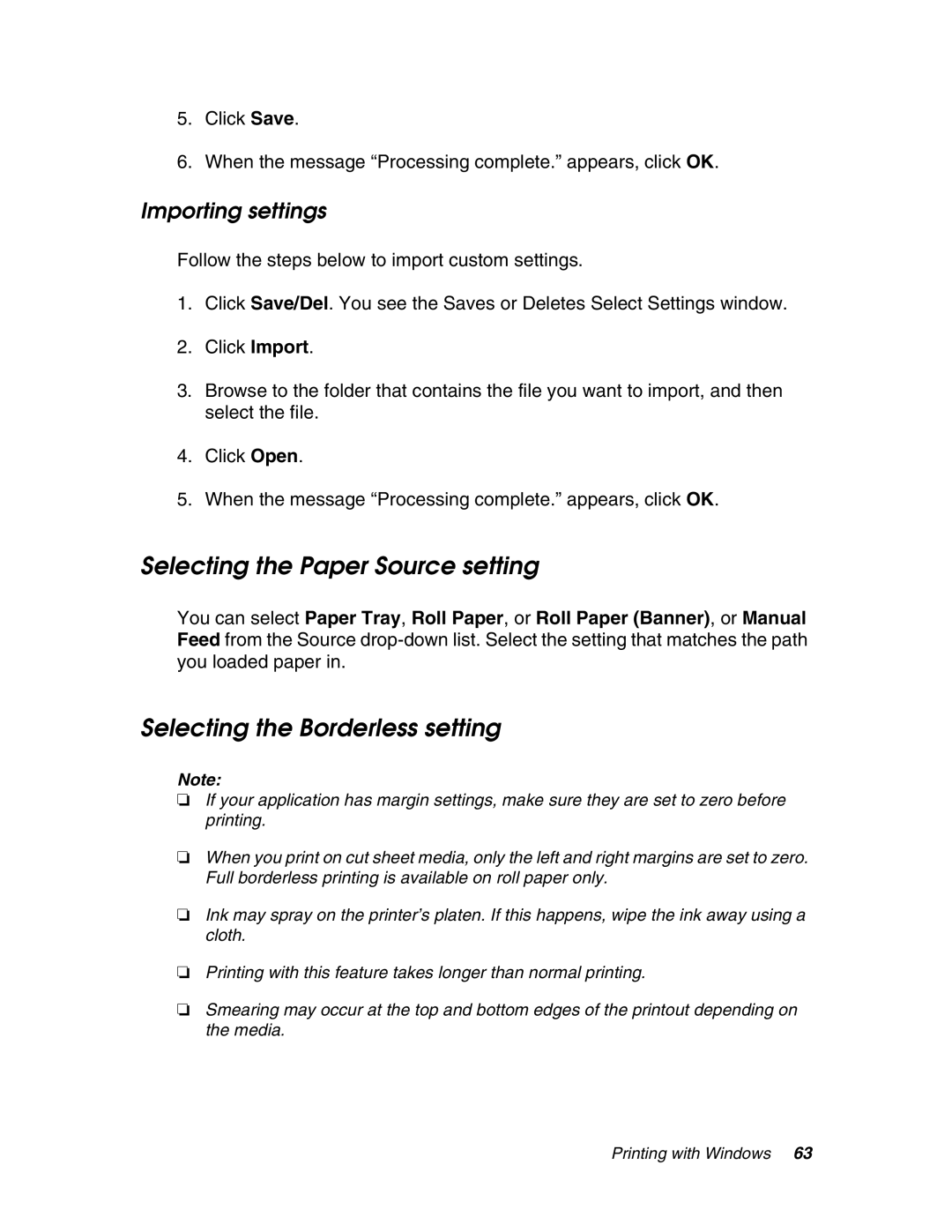 Epson 4880 manual Selecting the Paper Source setting, Selecting the Borderless setting, Importing settings 