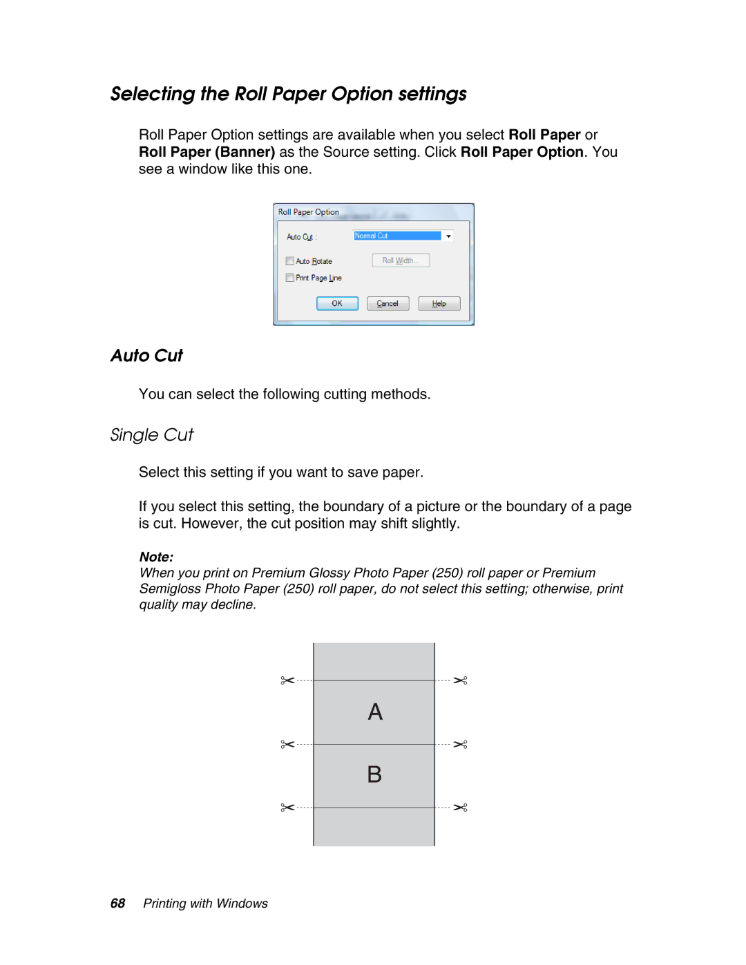 Epson 4880 manual Selecting the Roll Paper Option settings, Auto Cut 