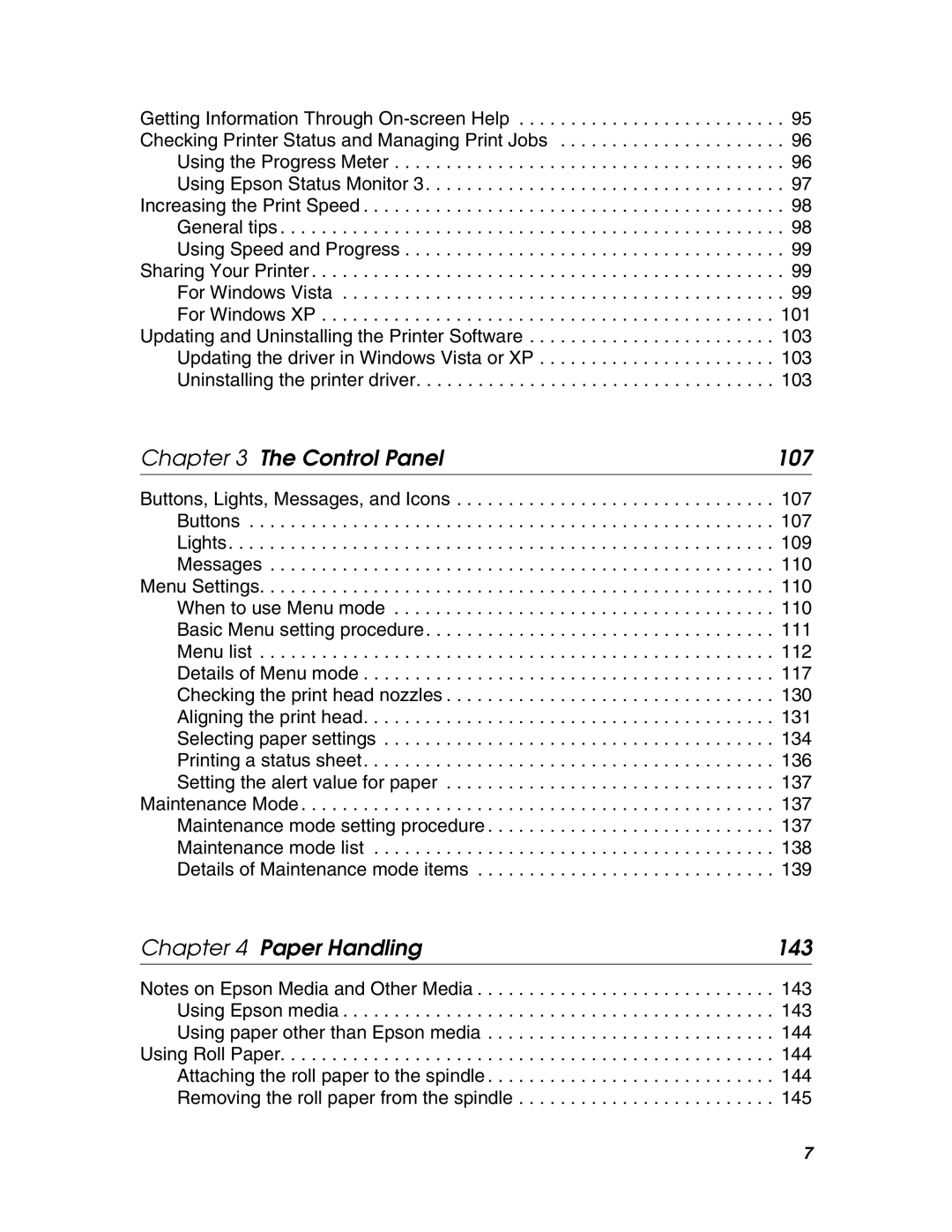 Epson 4880 manual Control Panel 107, Paper Handling 143 