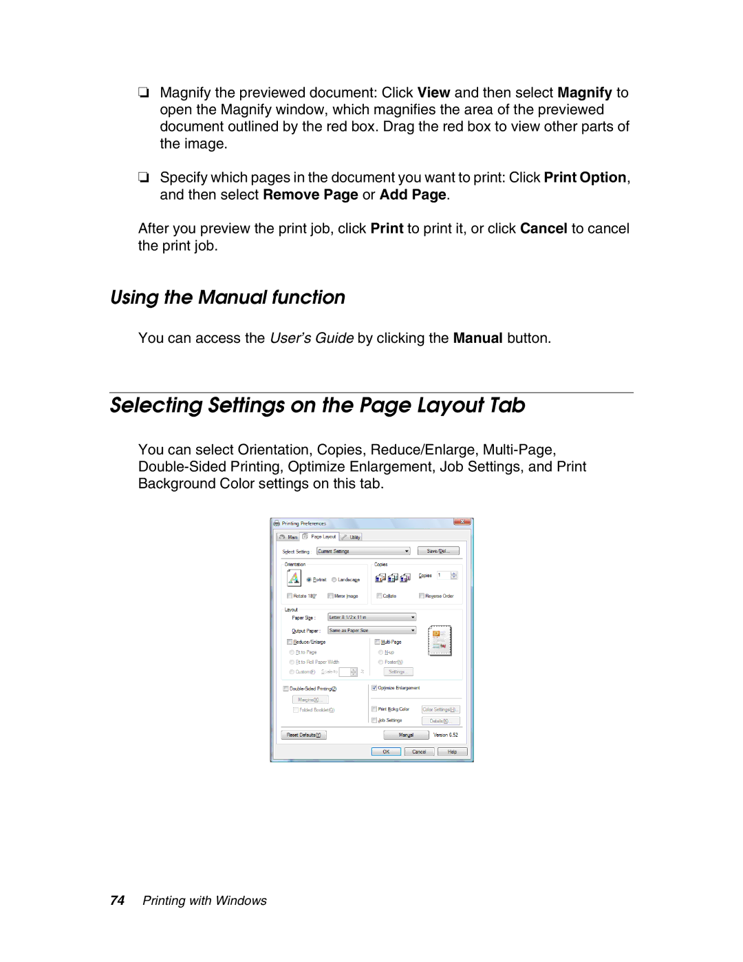 Epson 4880 manual Selecting Settings on the Page Layout Tab, Using the Manual function 