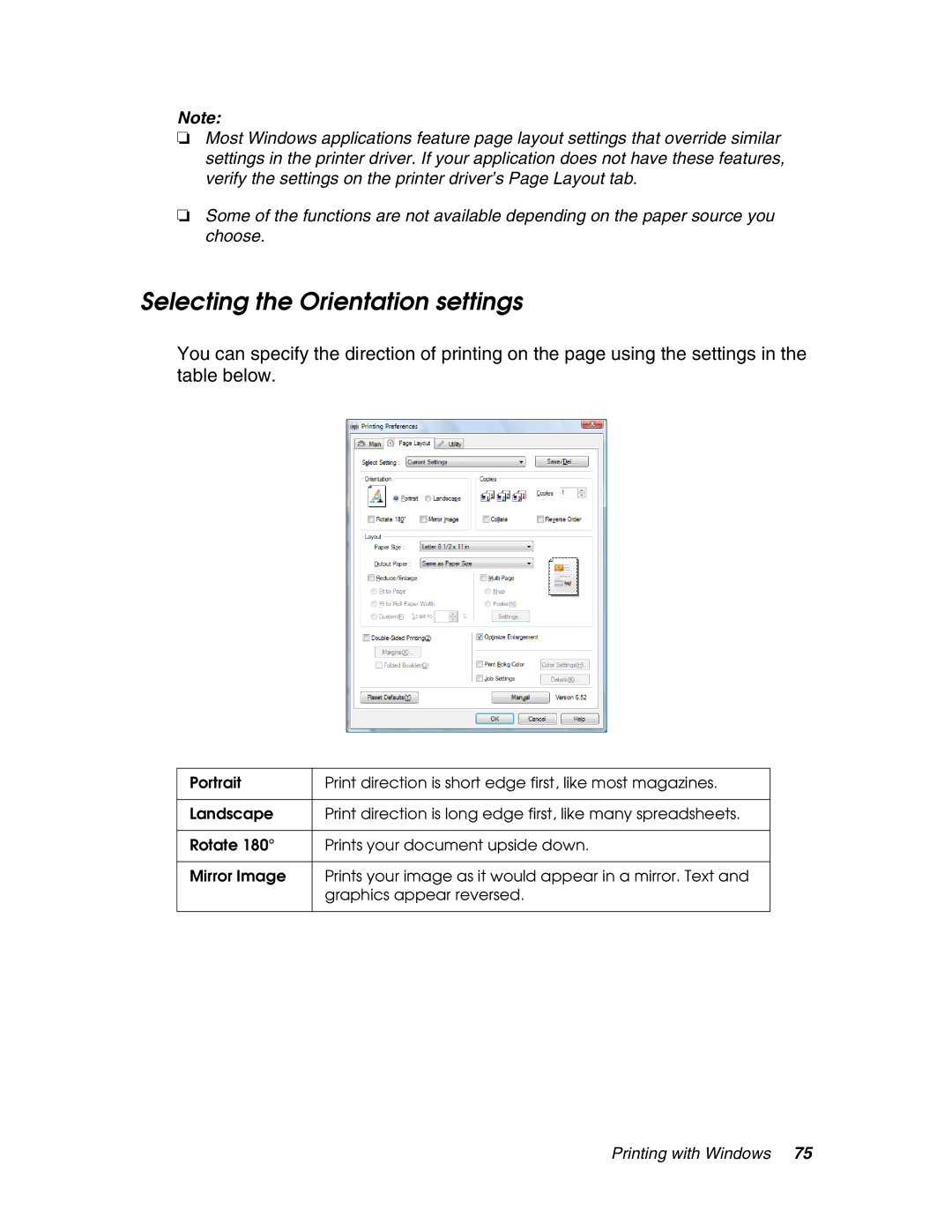 Epson 4880 manual Selecting the Orientation settings 