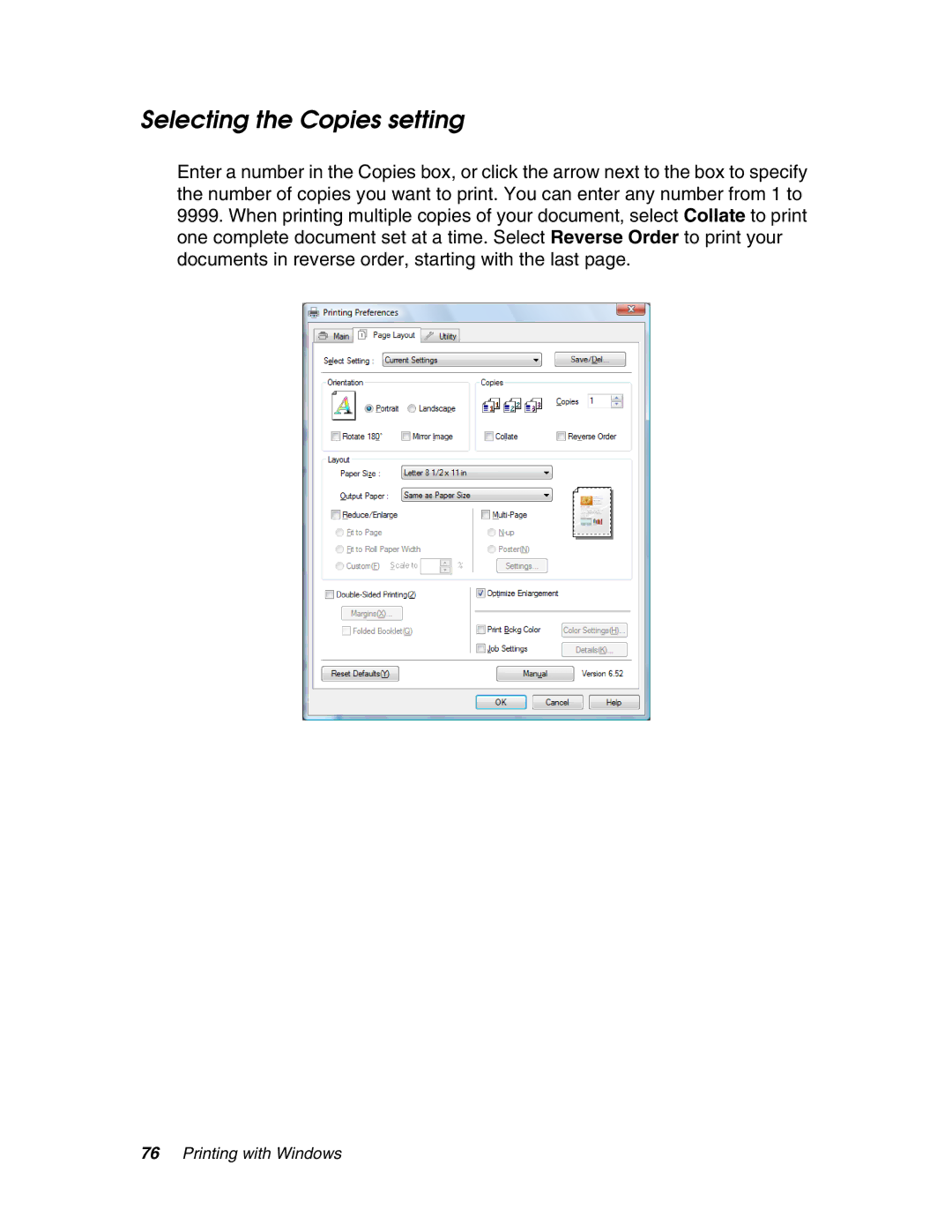 Epson 4880 manual Selecting the Copies setting 