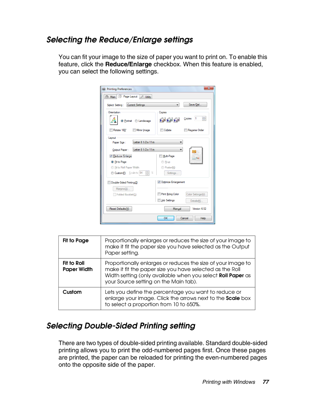 Epson 4880 manual Selecting the Reduce/Enlarge settings, Selecting Double-Sided Printing setting 