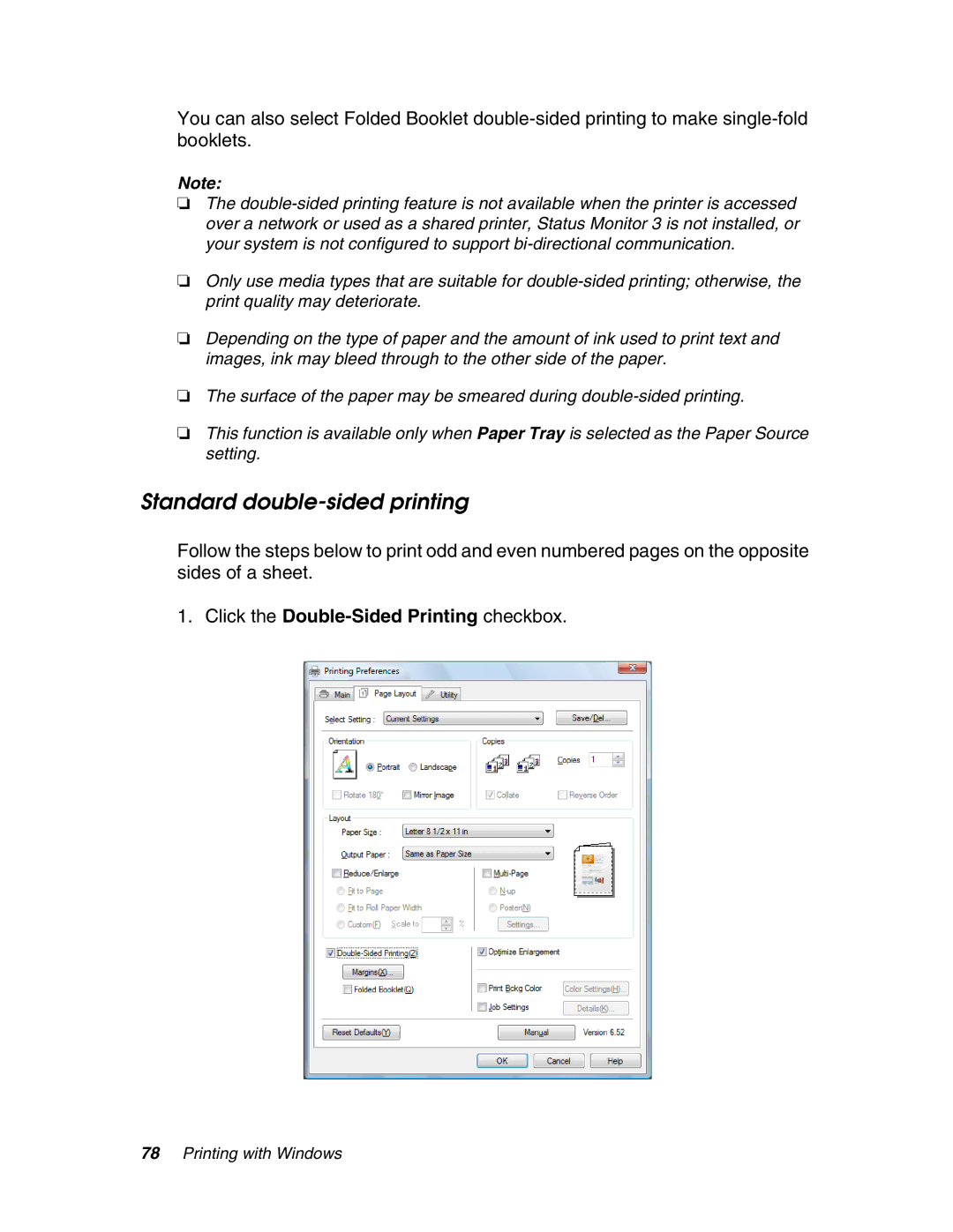 Epson 4880 manual Standard double-sided printing, Click the Double-Sided Printing checkbox 