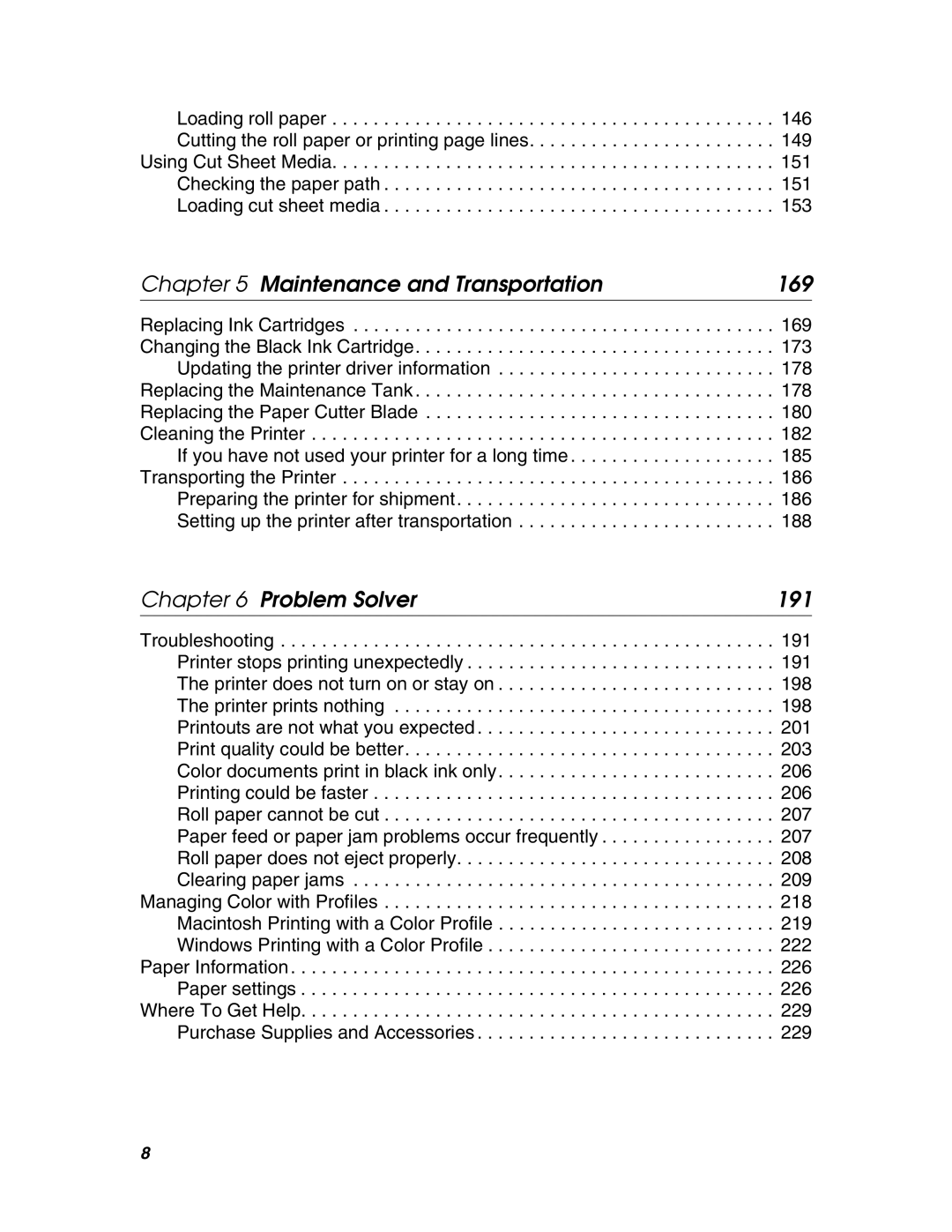 Epson 4880 manual Maintenance and Transportation 169, Problem Solver 191 