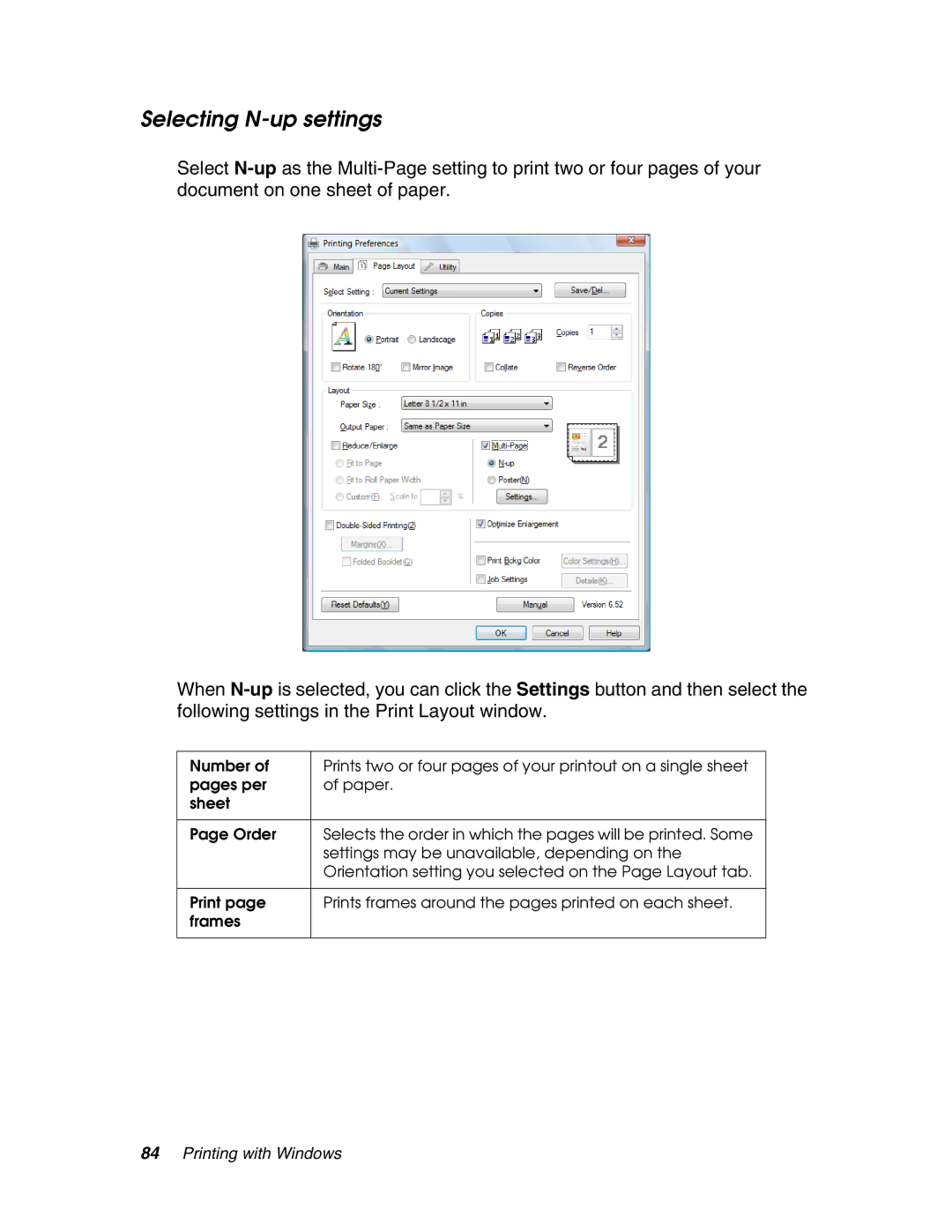 Epson 4880 manual Selecting N-up settings 