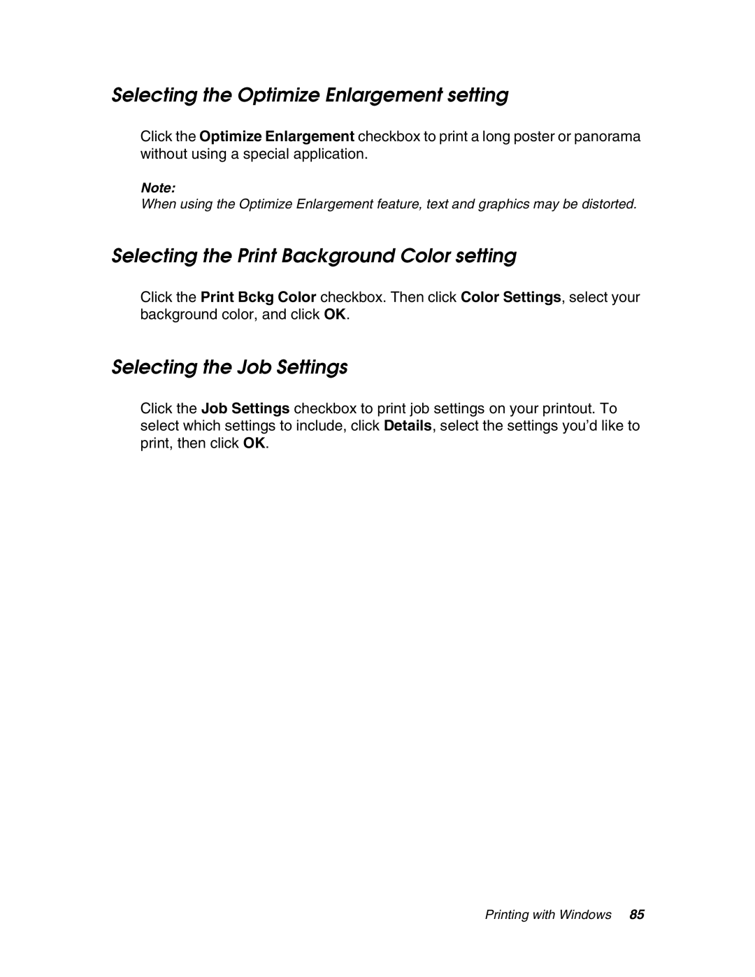 Epson 4880 manual Selecting the Optimize Enlargement setting, Selecting the Print Background Color setting 