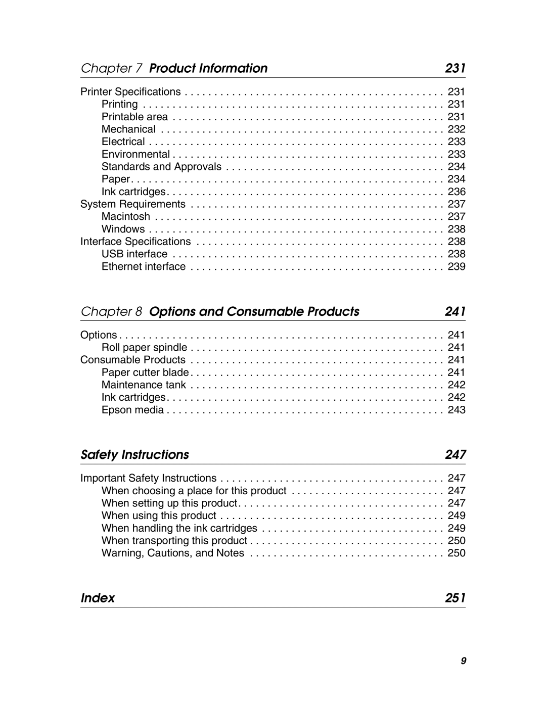 Epson 4880 manual Product Information 231, Options and Consumable Products 241, Safety Instructions 247, Index 251 