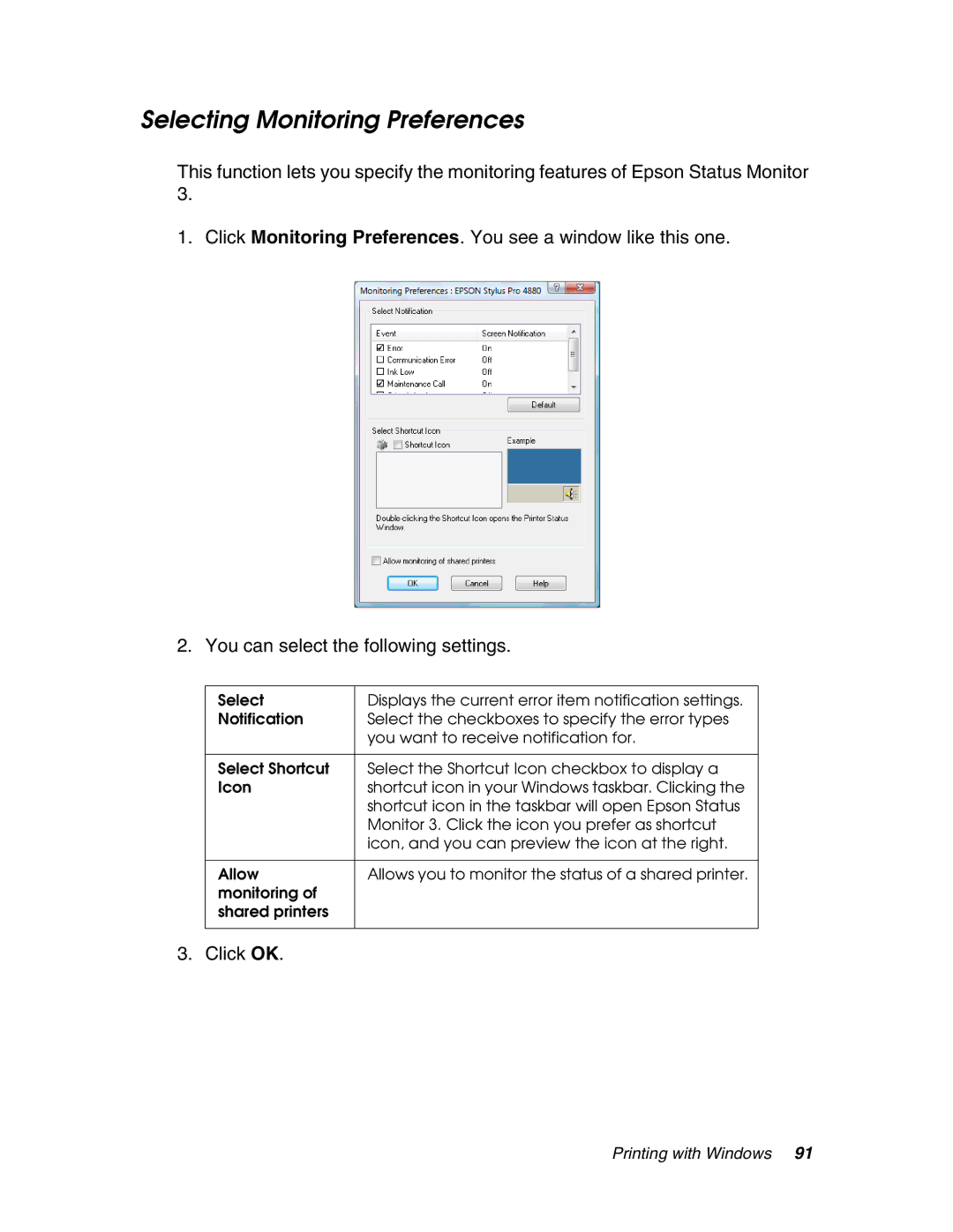 Epson 4880 manual Selecting Monitoring Preferences, Click OK 