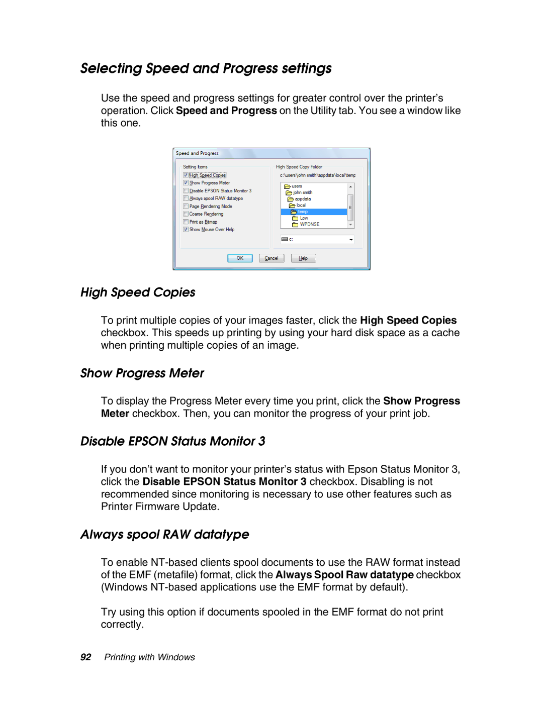 Epson 4880 Selecting Speed and Progress settings, High Speed Copies, Show Progress Meter, Disable Epson Status Monitor 