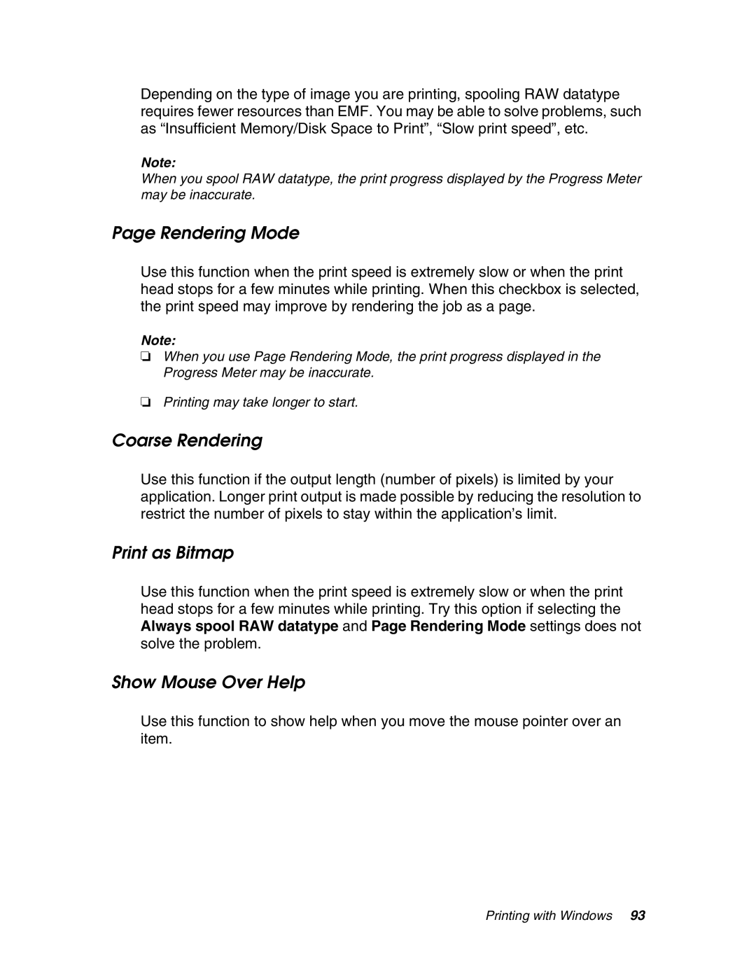 Epson 4880 manual Rendering Mode, Coarse Rendering, Print as Bitmap, Show Mouse Over Help 