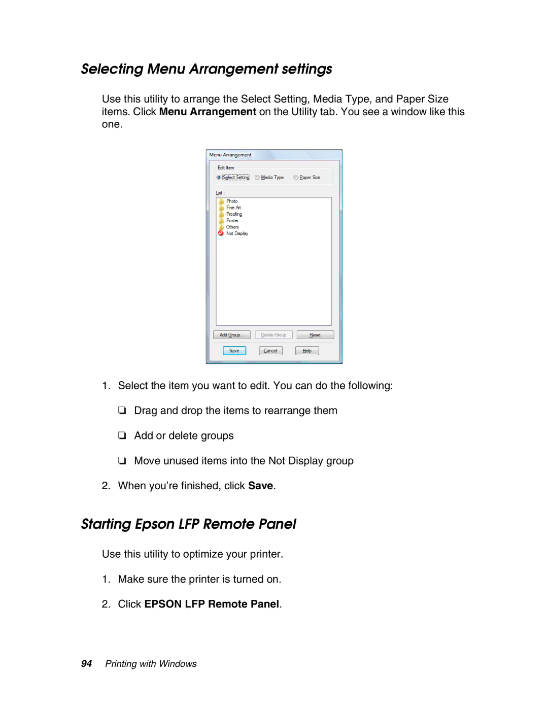 Epson 4880 manual Selecting Menu Arrangement settings, Starting Epson LFP Remote Panel 