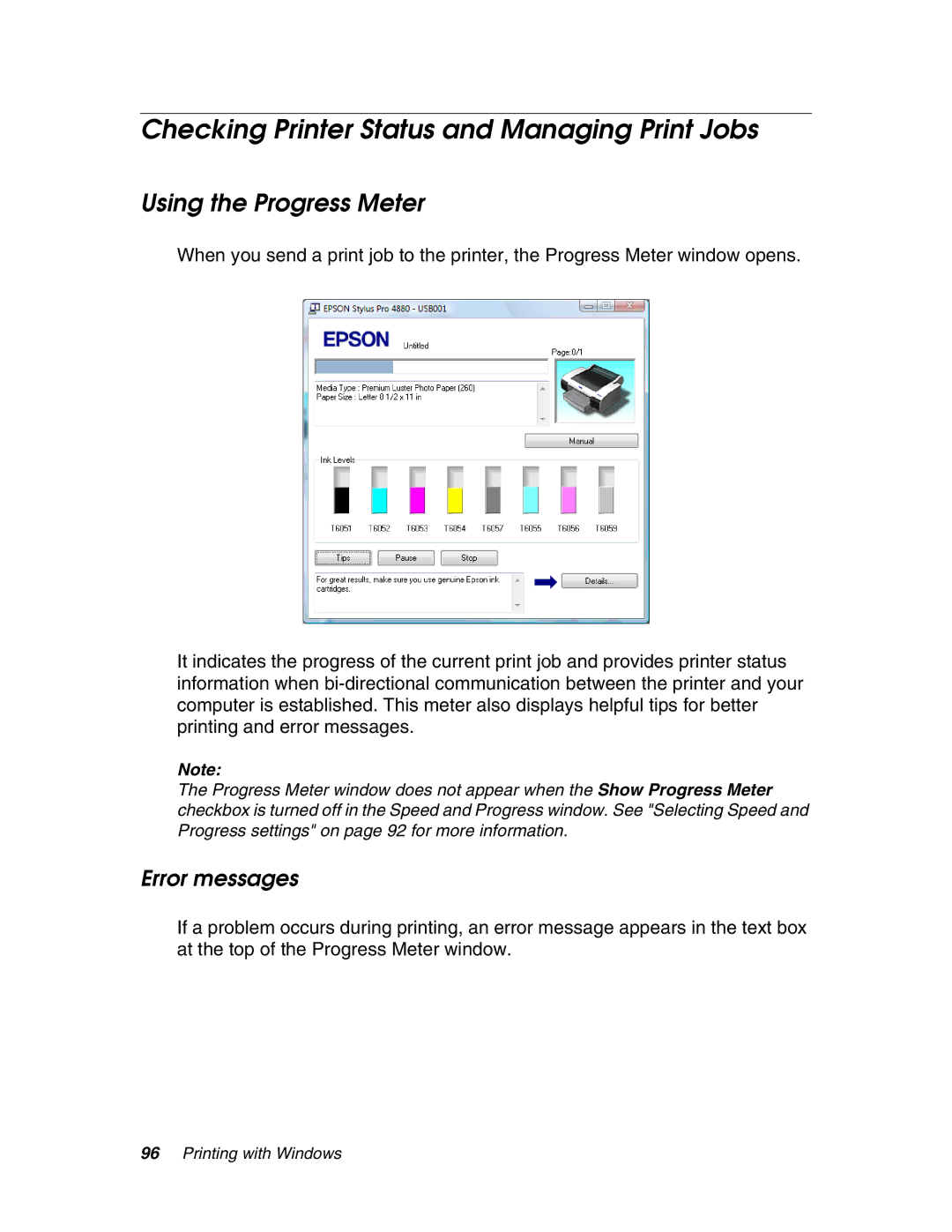 Epson 4880 manual Checking Printer Status and Managing Print Jobs, Using the Progress Meter, Error messages 