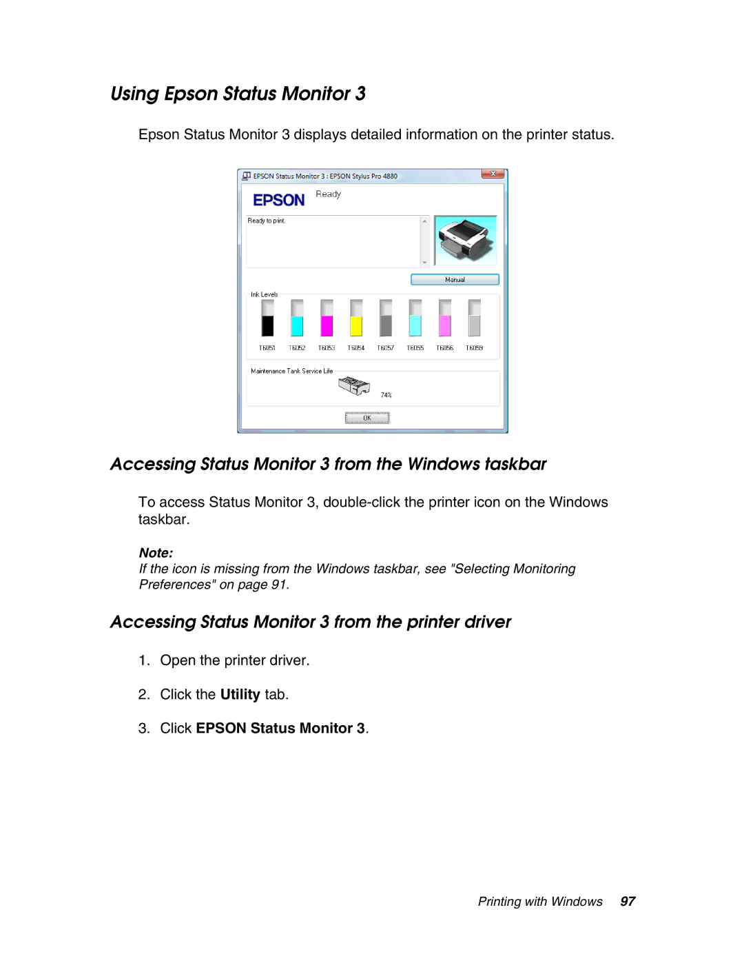 Epson 4880 manual Using Epson Status Monitor, Accessing Status Monitor 3 from the Windows taskbar 