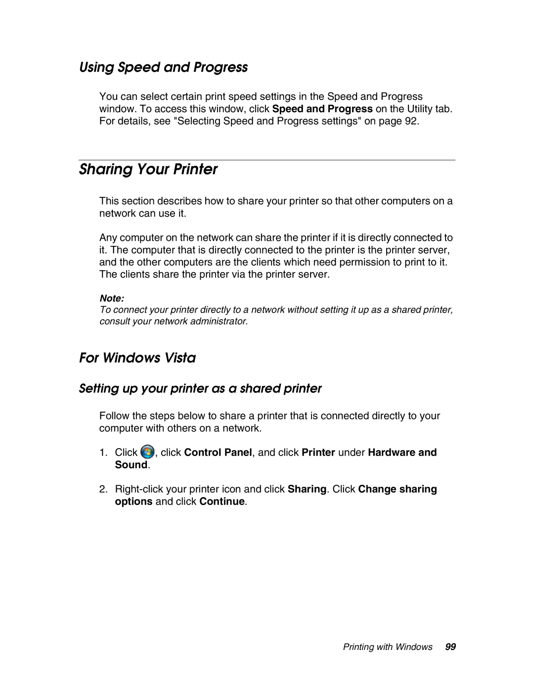 Epson 4880 Sharing Your Printer, Using Speed and Progress, For Windows Vista, Setting up your printer as a shared printer 