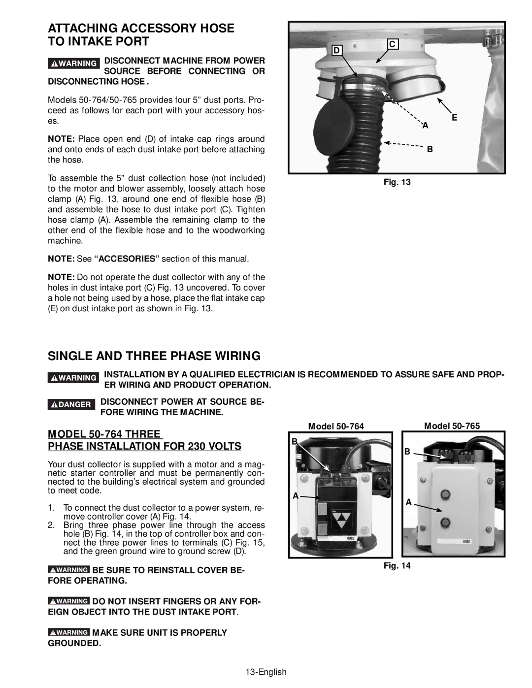 Epson 50-764 instruction manual Attaching Accessory Hose to Intake Port, Single and Three Phase Wiring 