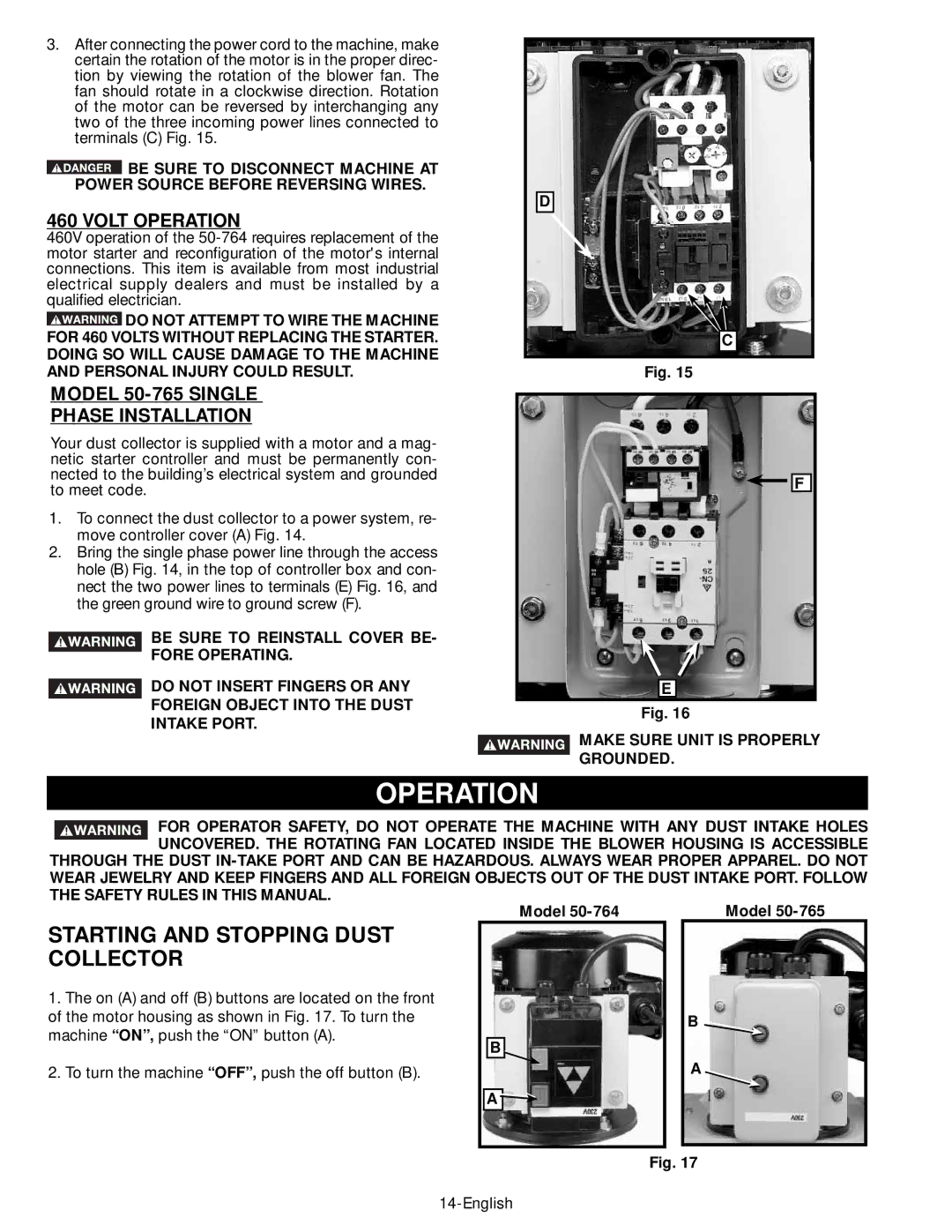 Epson 50-764 Starting and Stopping Dust Collector, Volt Operation, Model 50-765 Single Phase Installation 